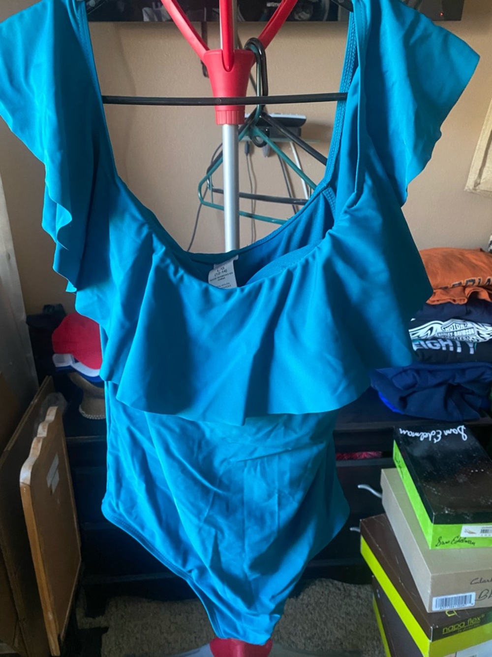 Time and Tru Teal Ruffle One-Piece Swimsuit